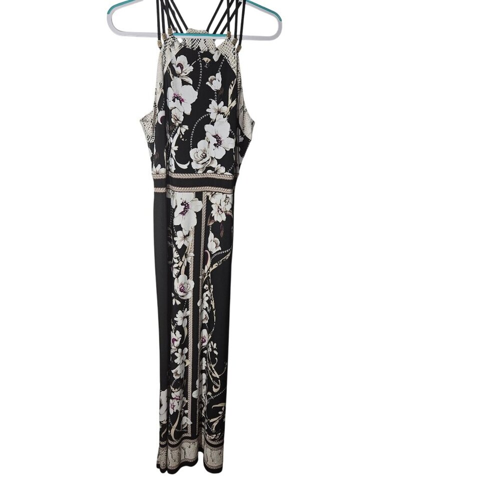 Black Floral Maxi Dress With Strappy Back & Snake Print Trim L